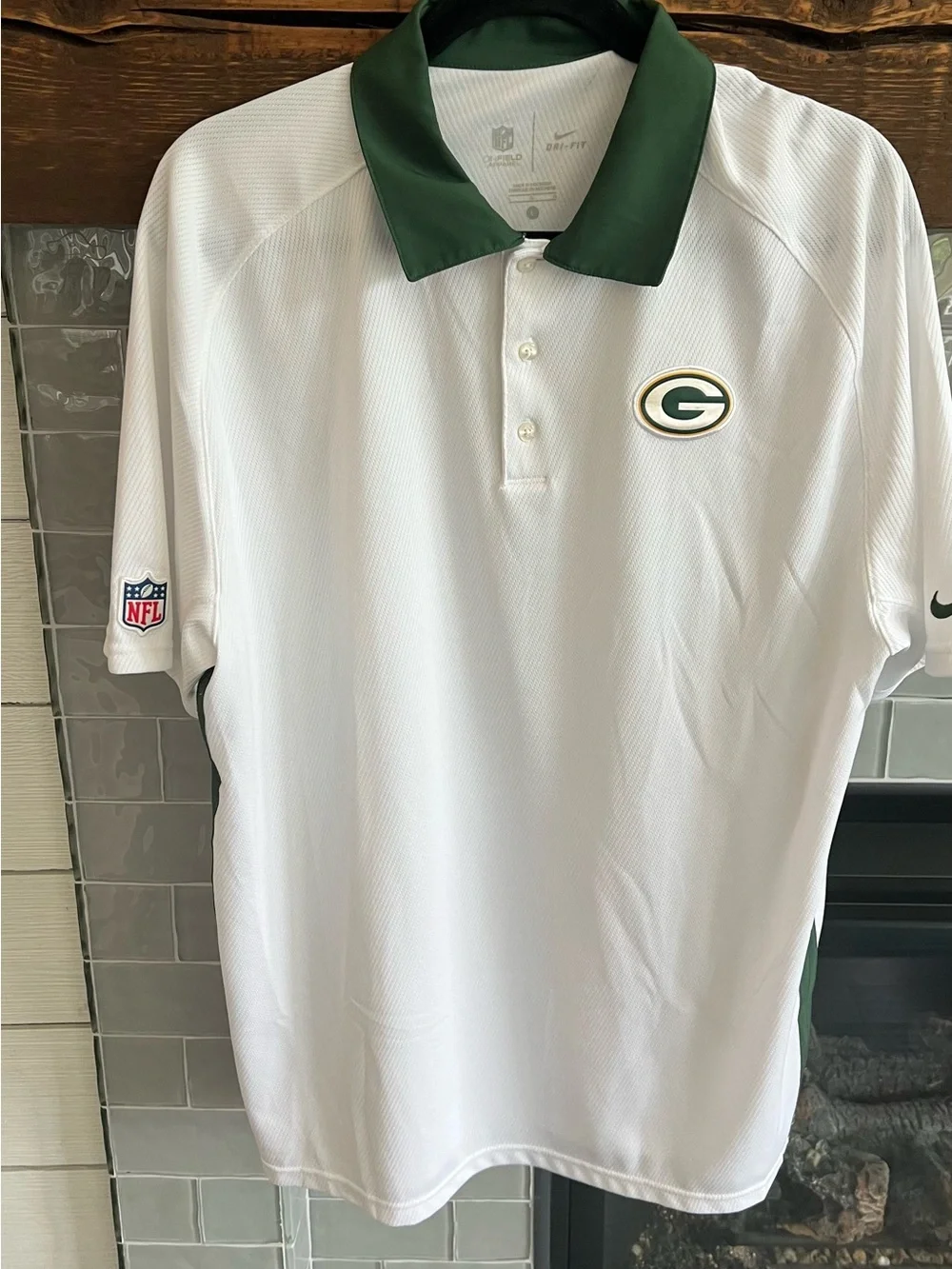 Green Bay Packers Shirt Nike White Short Sleeve Polo Size Large Dri Fit EUC